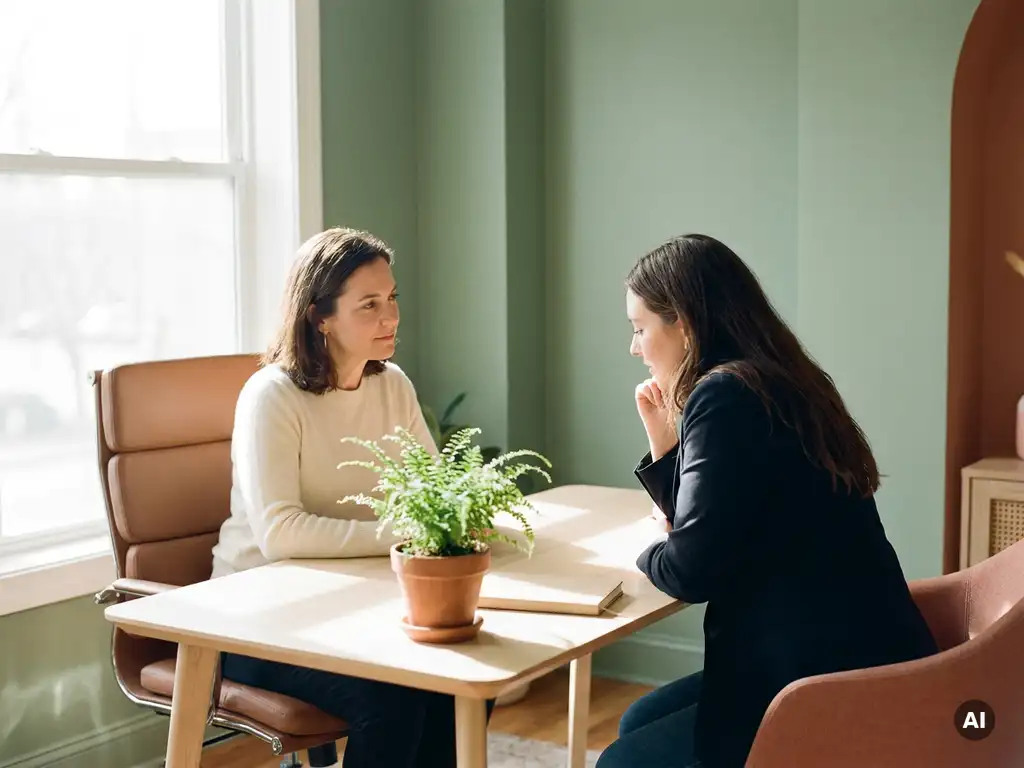 Coach en medewerker in gesprek aan een houten bureau met groen plantje, warm natuurlijk licht, professionele coaching setting.