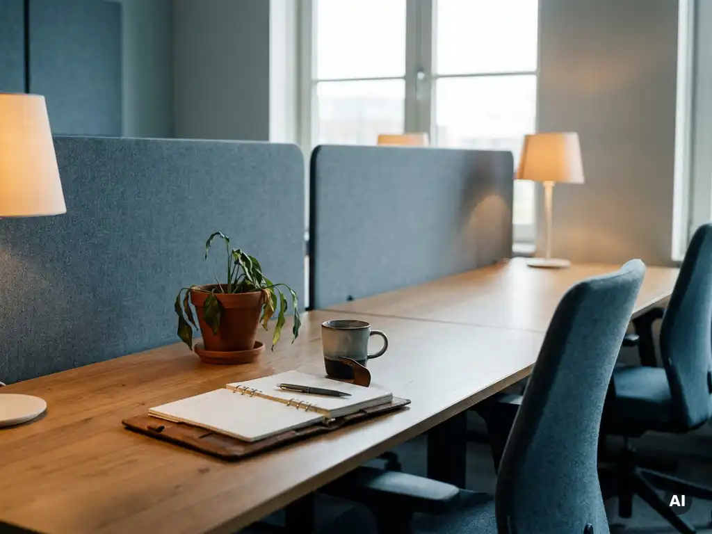 Verlaten bureau met open agenda, afkoelende koffie en verwelkte plant in een modern Nederlands kantoor.
